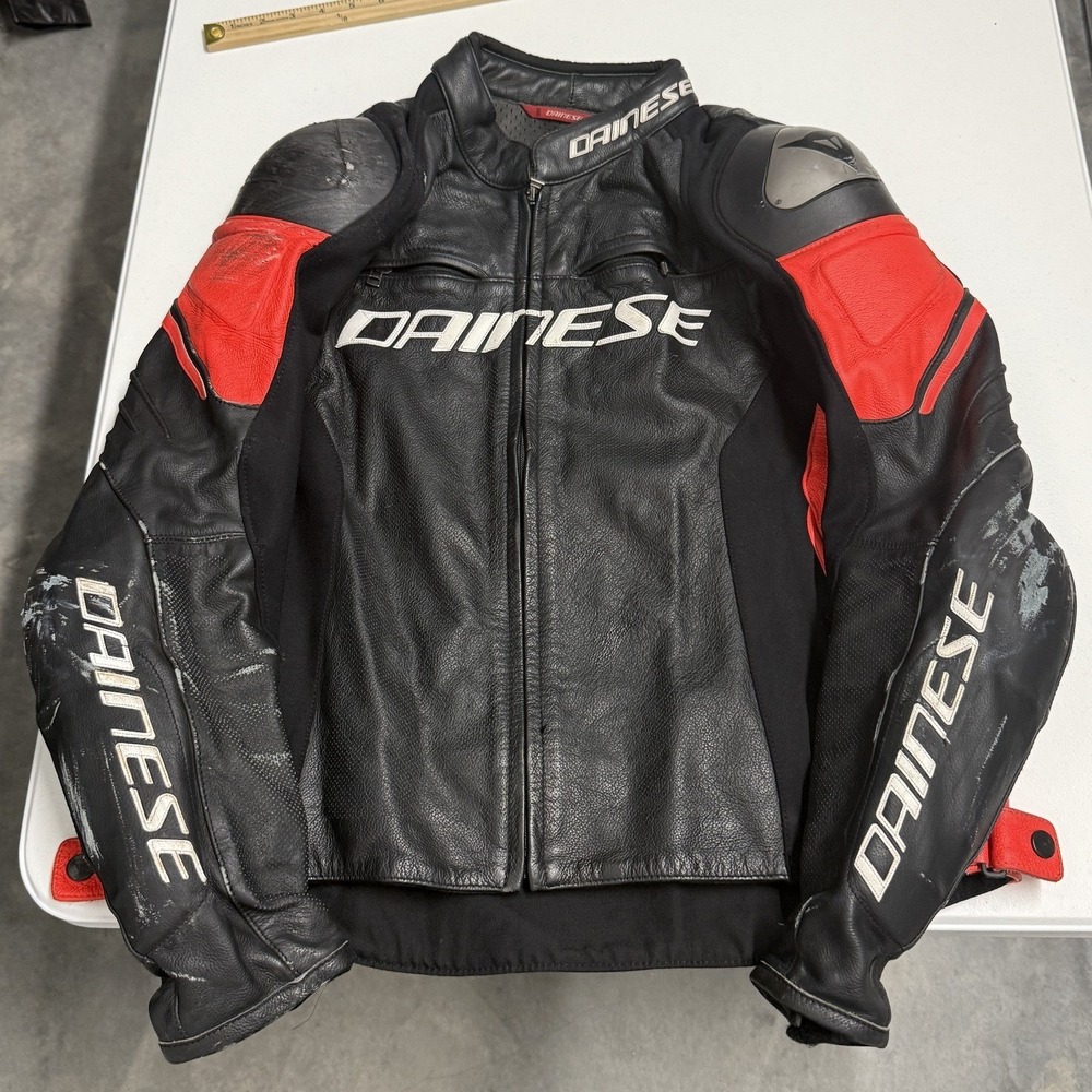 Dainese Motorcycle Racing Jacket Mens 56 Black Red Fair Scuffed Armor Leather